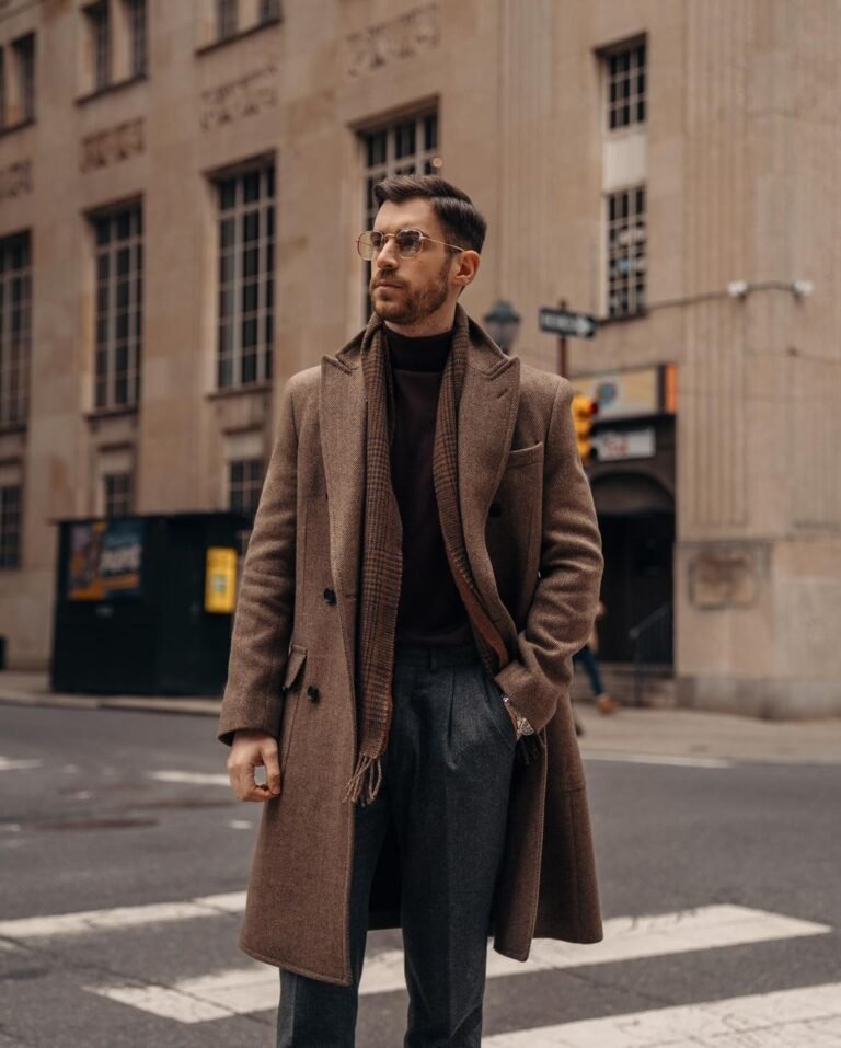 Instagram Old Money Style influencer Hunter Vought in a brown overcoat