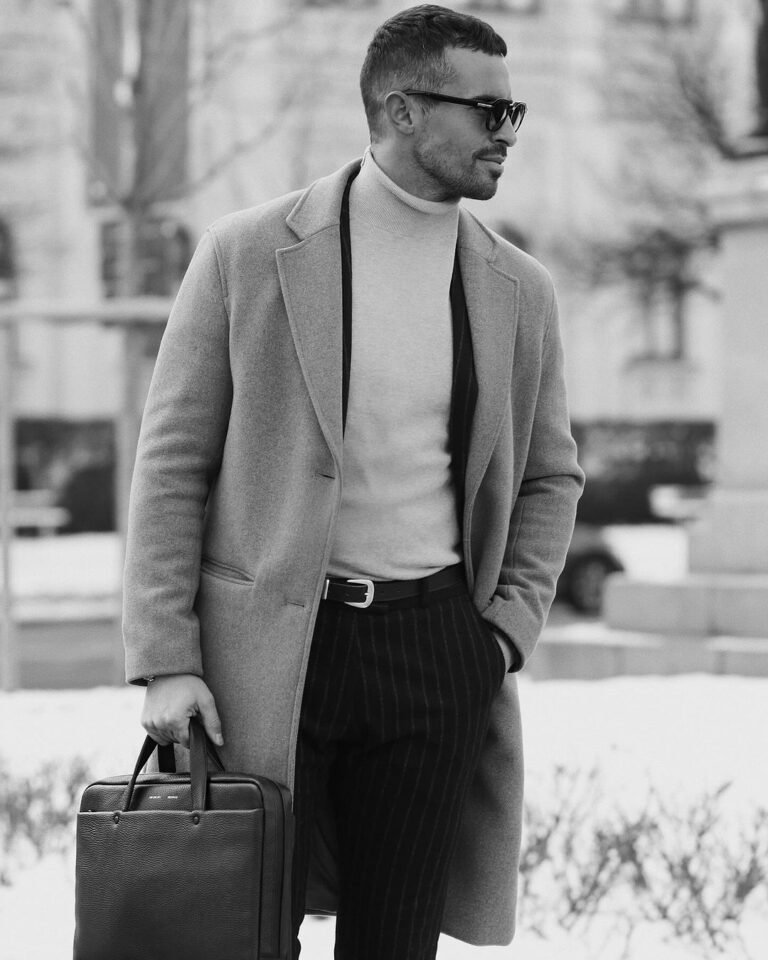 Instagram Old Money style influencer Dario Carlucci in a turtleneck and jacket outfit