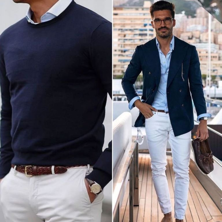 Old Money Style men's outfits in color combination of navy blue and white