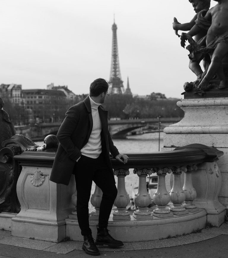 Jerome Carlier in turtleneck and jacket outfit in Paris